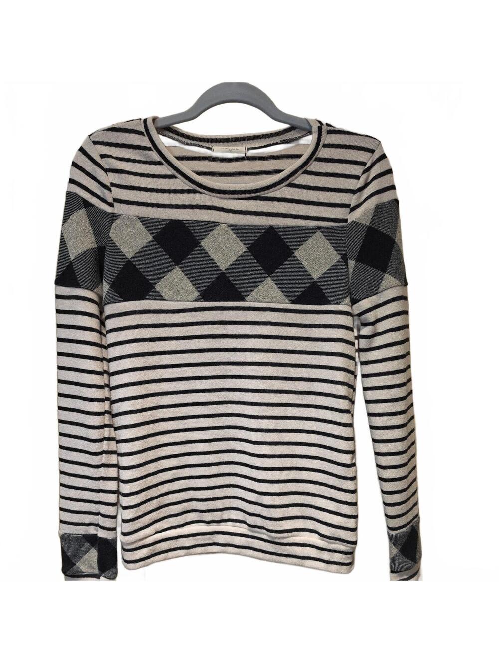 12pm by Mon Ami Small Black ivory sripe check Contrasting Sleeves Thin Sweater